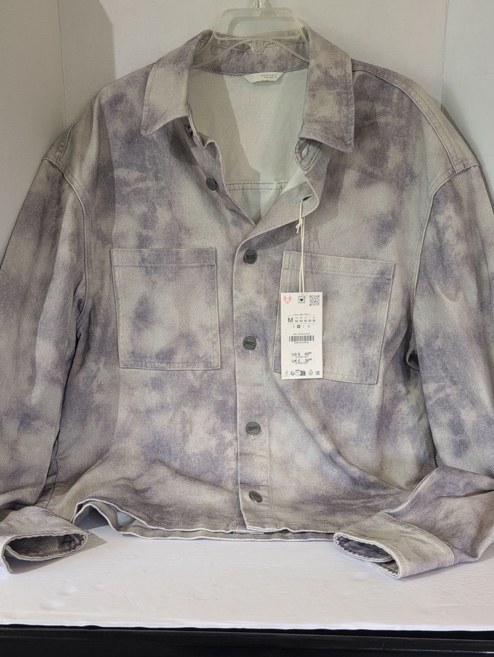 NWT Zara Men's Washed Tie Dye Shacket -Lav Gray & White- Med